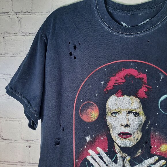 David Bowie Womens Bowie Retro Picture Vintage Style Navy Distressed Shirt - Picture 3 of 10